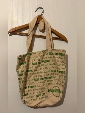 Hard Rock Cafe Natural Canvas Tote with Green Text Print